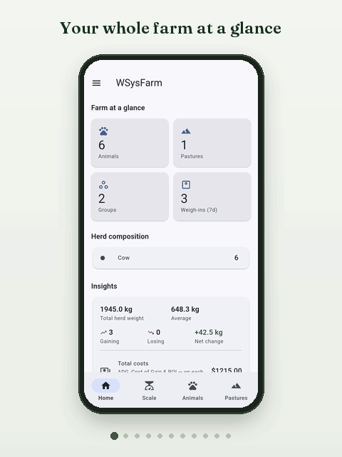 Animated walkthrough of the WSysFarm app on a phone: the home dashboard, connecting a Bluetooth scale, auto-weigh mode, the animal list, an animal's weight and status, its medical timeline, logging a vaccination, pastures, costs and the activity feed.