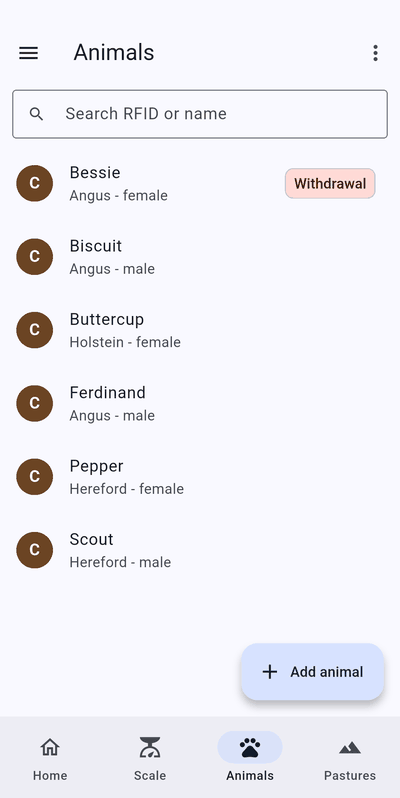Animals list with a search box and six animals; one is marked Withdrawal.