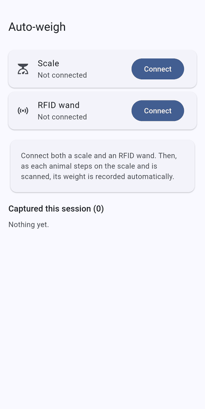 Auto-weigh screen with Scale and RFID wand rows, each with a Connect button, and a list of animals captured this session.