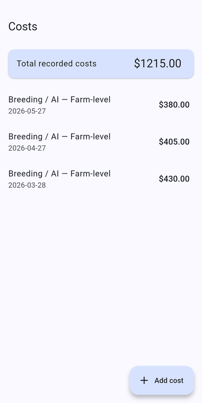 Costs screen with total recorded costs of $1215.00 and three breeding and AI cost entries, plus an Add cost button.