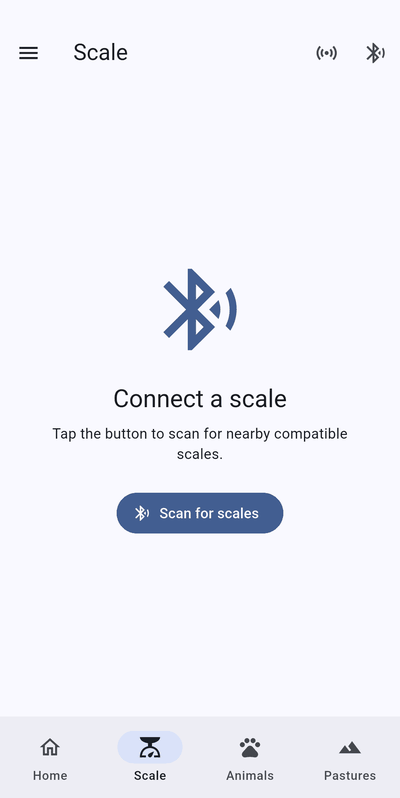 Scale tab with a Bluetooth icon, the heading Connect a scale and a Scan for scales button.