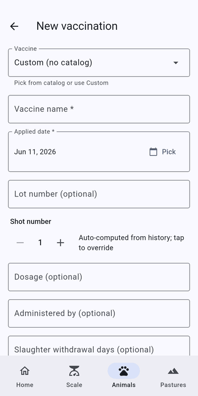 New vaccination form with fields for vaccine, vaccine name, applied date, lot number, shot number, dosage, administered by and slaughter withdrawal days.