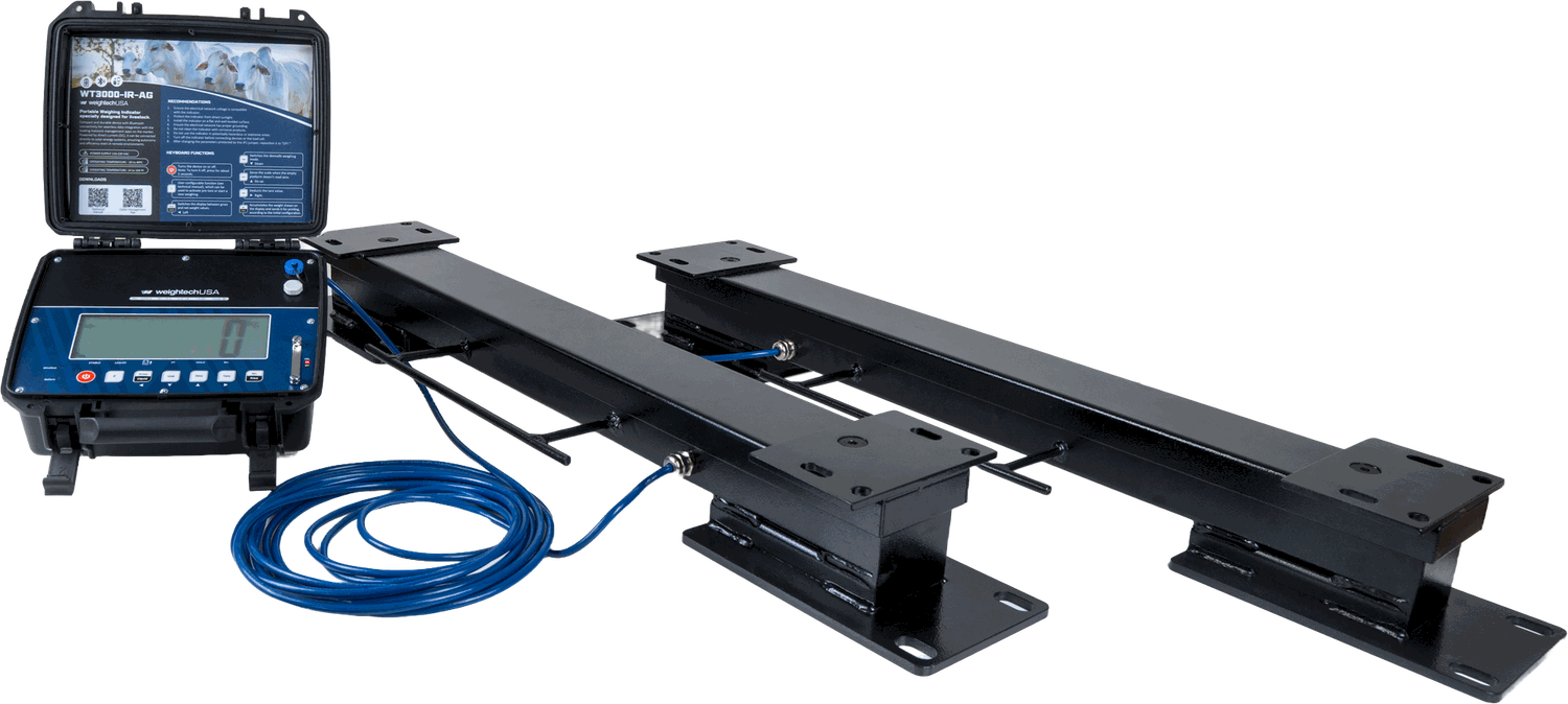The WeightechUSA WT3000-IR AG kit — two heavy-duty weigh bars, a Bluetooth indicator in its sealed case, and cabling